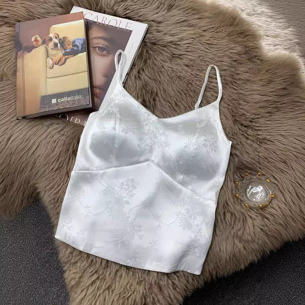 New Chinese Acetic Acid Satin Camisole Vest Women's Outer Wear Small Suit with V-Neck Sexy Belt Chest Pad Base Top