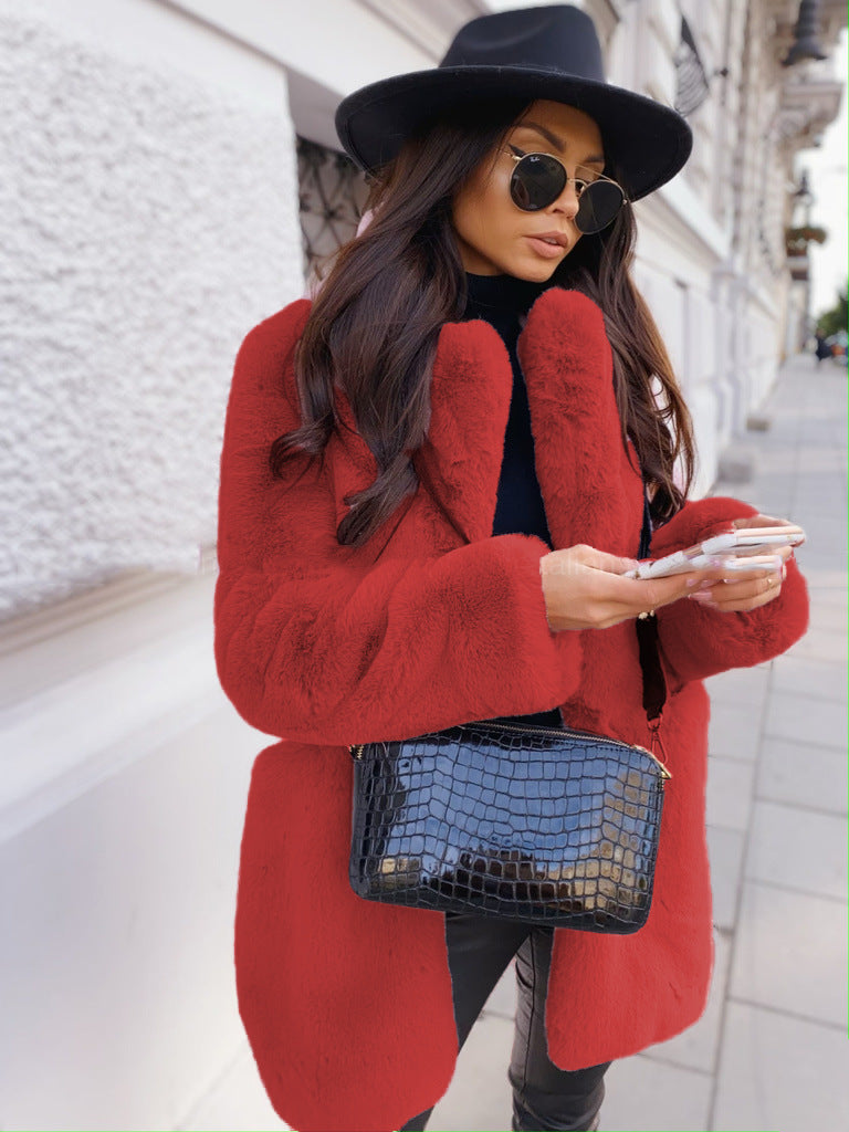 European and American Temperament Commuter Long Sleeve Lapel Faux Fur Jacket Solid Color Warm plus size Coat Women's Fur Fur Women's Clothing