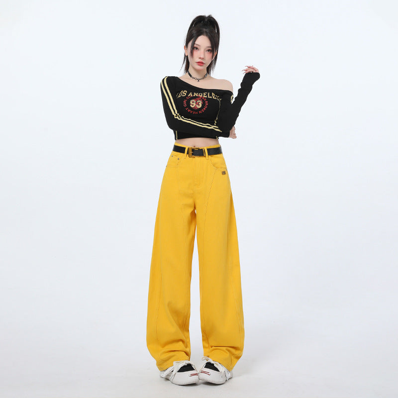 JM2025 New Fashion Jeans Women's High Waist Loose All-match Straight Wide Leg Machete Pants Yellow Nine-point Spandex