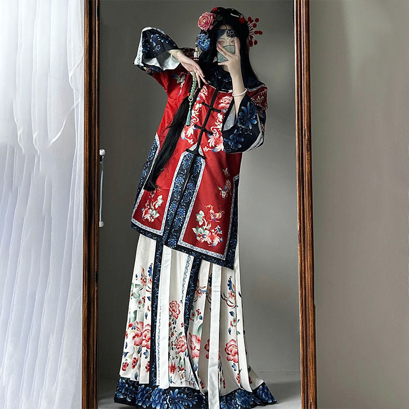 Quanzhou Xunpu Hairpin Flower Qing Han Women's Clothing Gege Han Clothing Qing Dynasty Manchu Qing Flag Yellow Printed Skirt Photo Portrait