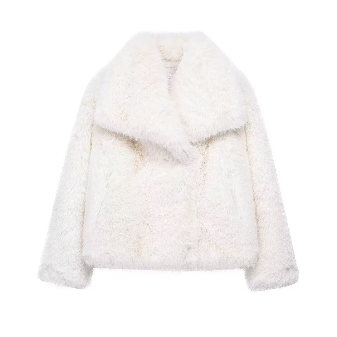 Women's spring new European and American fashion loose faux fur lapel coat