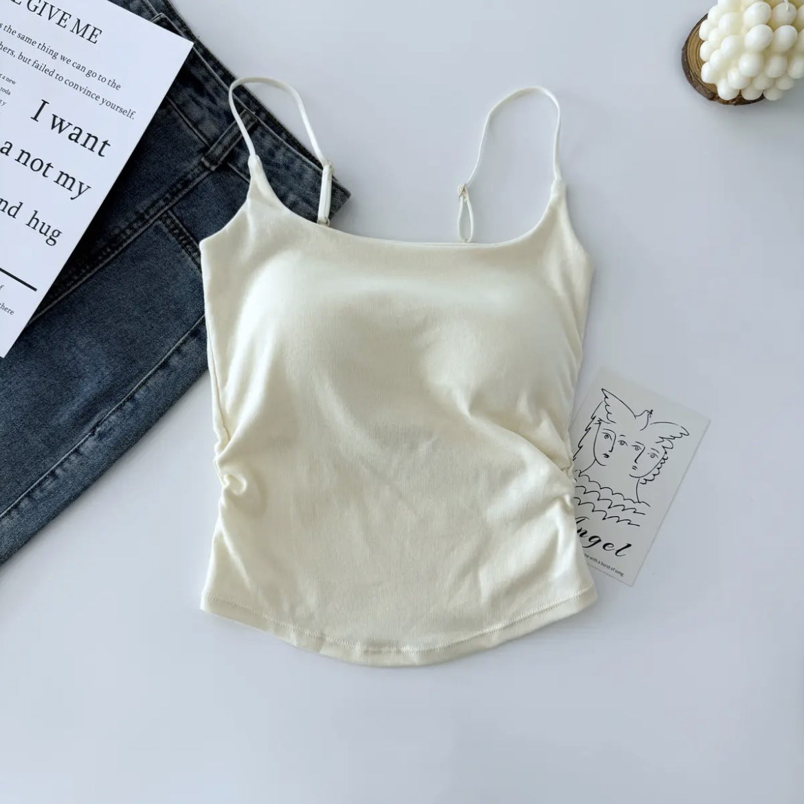 New Style Pure Sweet and Spicy Design Pleated Camisole Women's Belt Chest Pad Inner Wearing Outer Wearing Slim-fit Beautiful Back Summer Clothes