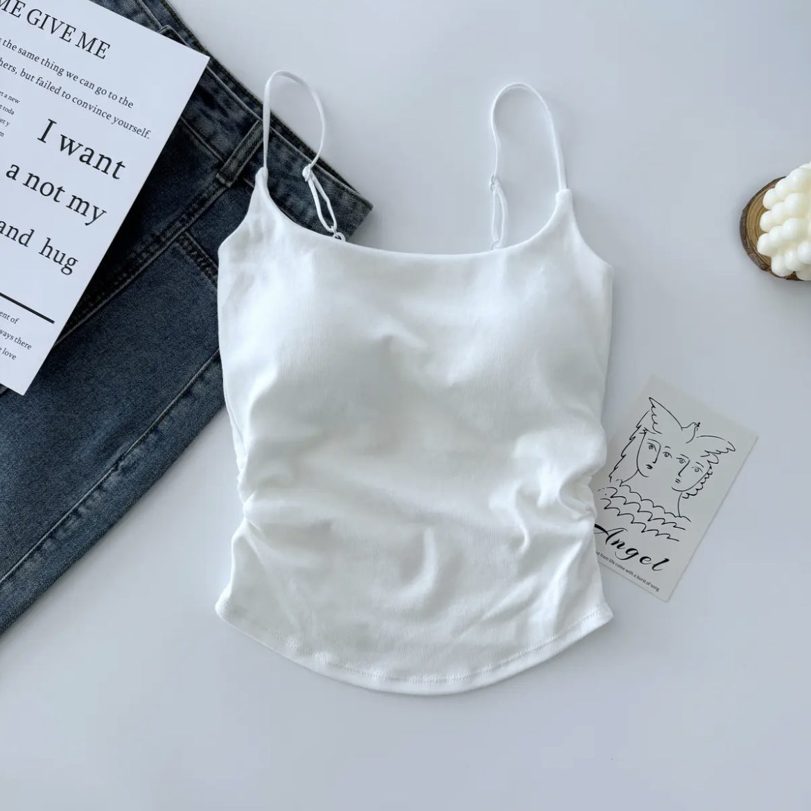 New Style Pure Sweet and Spicy Design Pleated Camisole Women's Belt Chest Pad Inner Wearing Outer Wearing Slim-fit Beautiful Back Summer Clothes