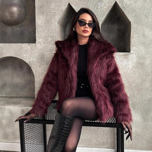 Women's spring new European and American fashion loose faux fur lapel coat