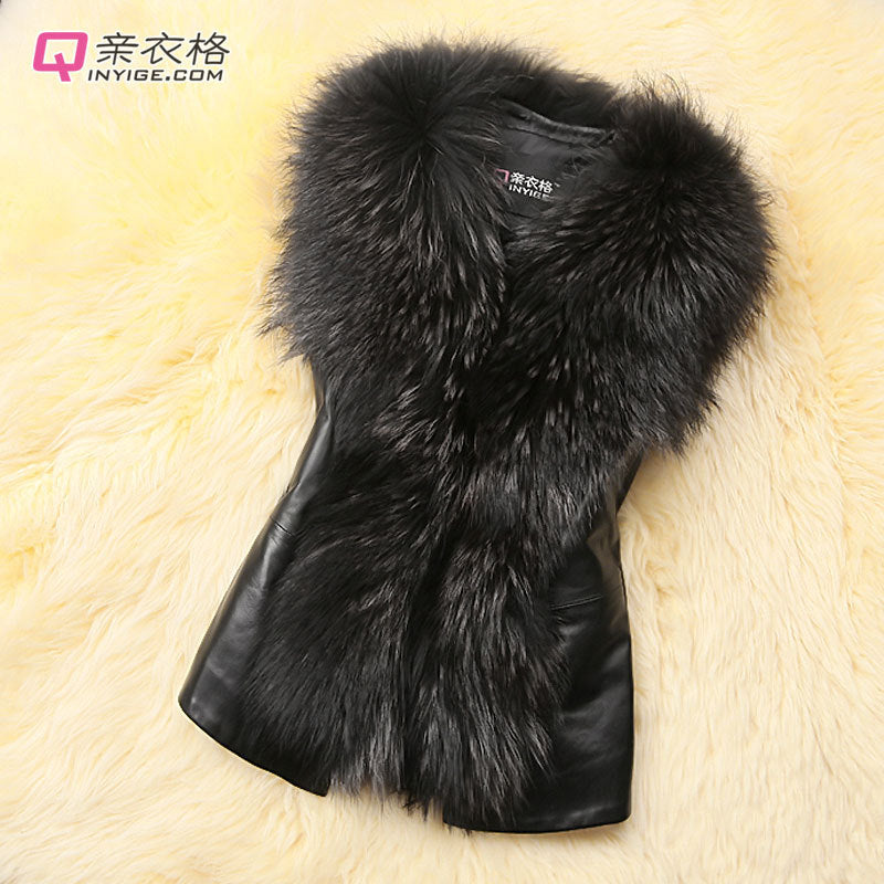 S-4XL AliExpress Autumn and Winter Women's Raccoon Fur Collar Fur Jacket Vest Short Slim Fit Faux Fur Vest
