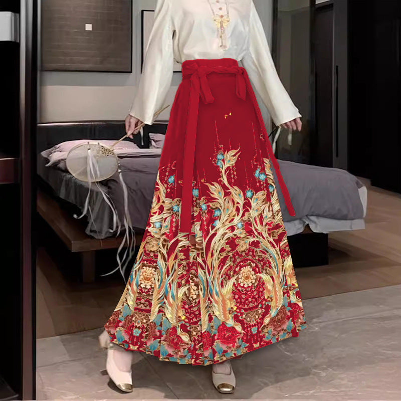 Horse-faced skirt Hanfu women's skirt spring and autumn pleated skirt new Chinese style small senior sense [double phoenix and singing]]