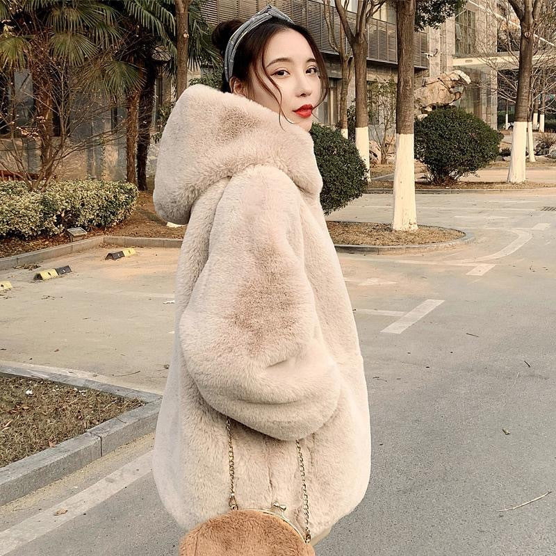 2025 Winter New Zipper Imitation Rabbit Fur Hooded Coat Loose Korean Style Plush Fur Coat Women's Mid-length