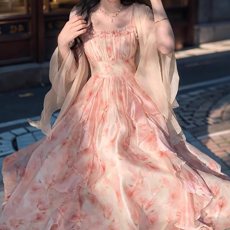 Elegant Heavy Industry Simi-Dye Printed Waisted Slimming Ruffled Slip Skirt Women's Summer Fairy Cardigan suit Two-piece Set