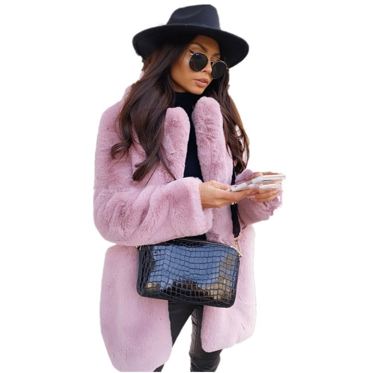 European and American Temperament Commuter Long Sleeve Lapel Faux Fur Jacket Solid Color Warm plus size Coat Women's Fur Fur Women's Clothing