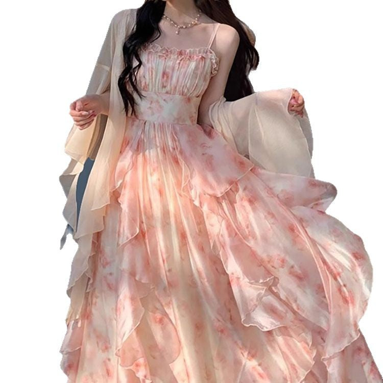 Elegant Heavy Industry Simi-Dye Printed Waisted Slimming Ruffled Slip Skirt Women's Summer Fairy Cardigan suit Two-piece Set
