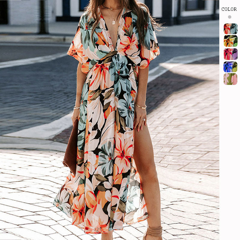 Sexy High Waist Printed Split Dress Women's Fashion Summer 2025 Polyester Long A-Line Skirt V-Neck Batwing Sleeve Zipper