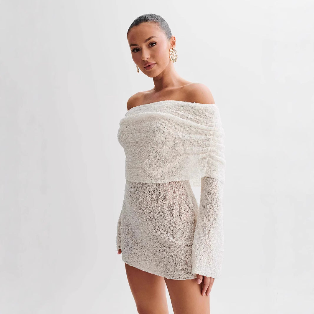 2025 spring new European and American cross-border Amazon women's sexy hollow long sleeve off-shoulder dress skirt women