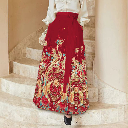 Horse-faced skirt Hanfu women's skirt spring and autumn pleated skirt new Chinese style small senior sense [double phoenix and singing]]