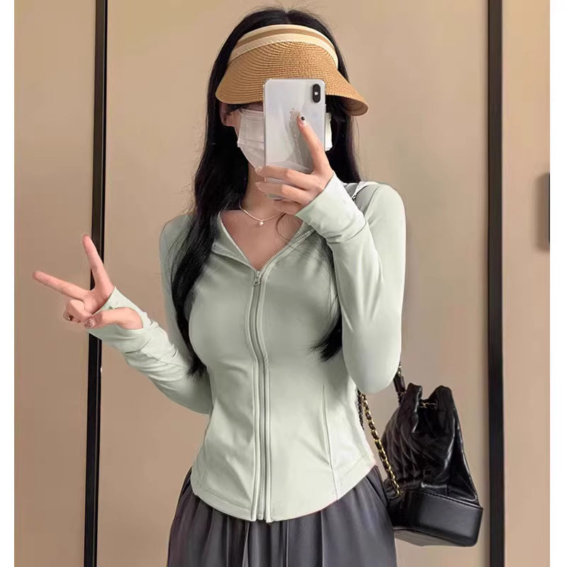 Ice Silk Sun Protection Clothing Cardigan Women's Summer Slim Yoga Wear Hooded Jacket Tight Top 2025 New Waist Span