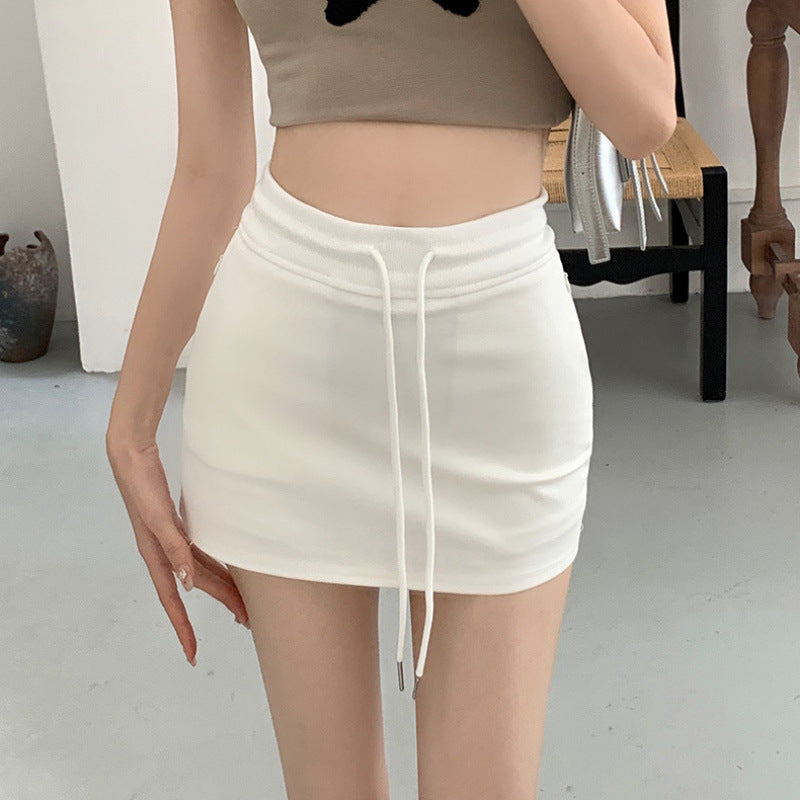 Drawstring sports short skirt women's summer new casual sports half culottes high waist all match package hip skirt A line half skirt