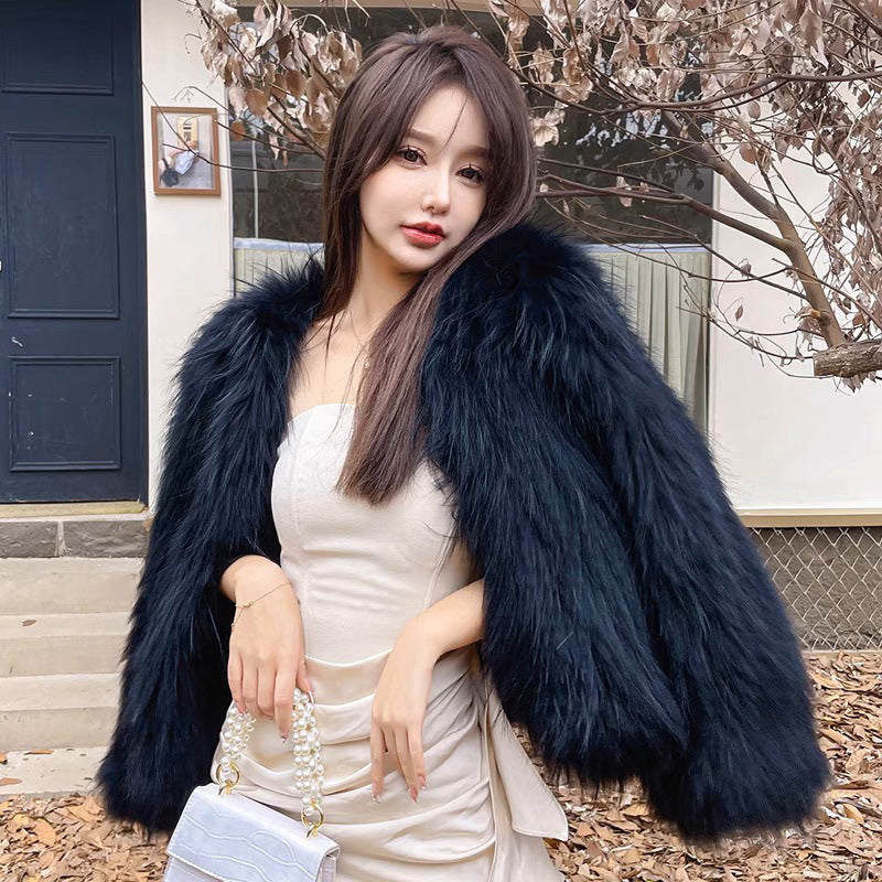 Real Hair White Raccoon Hair Double-sided Woven Encryption Thickened Autumn and Winter New Temperament Anti-season Explosions Western Style Clothes Length 50 Gas