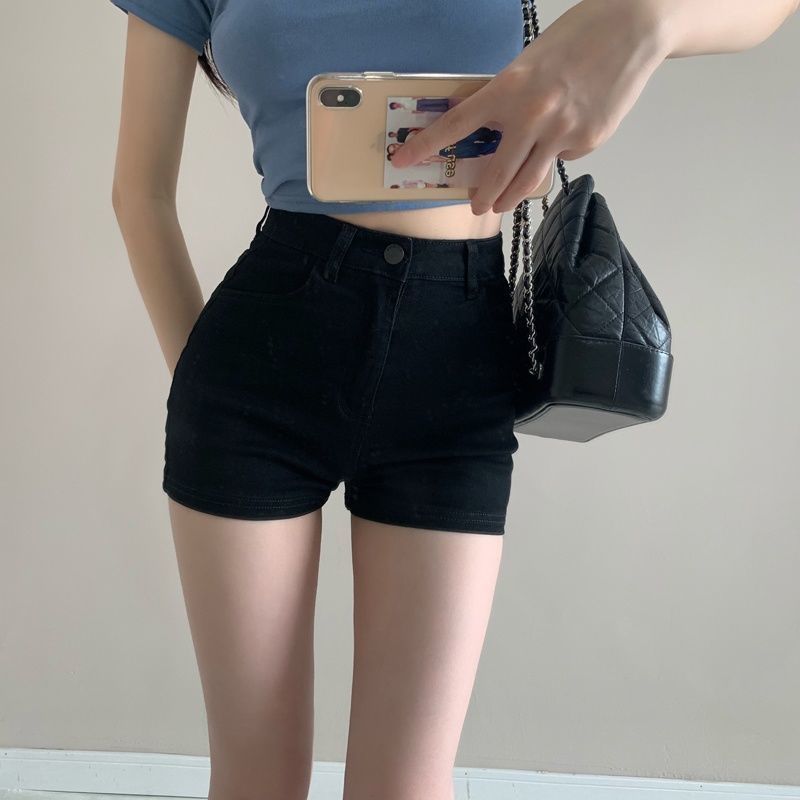 Washed cuffed denim shorts Women 2025 Summer Hottie High-waisted A-line pants Stretch tight wrap hip hot pants
