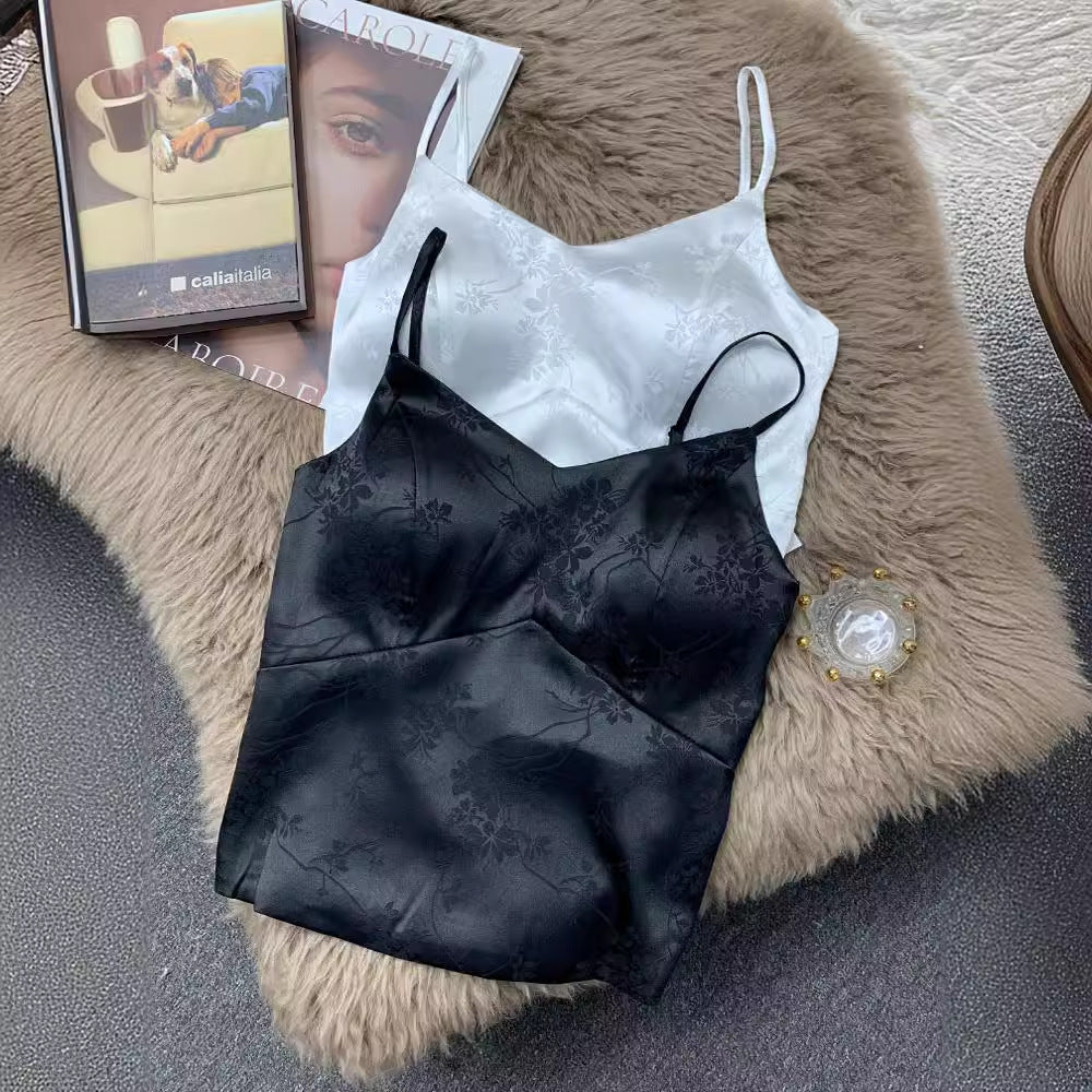 New Chinese Acetic Acid Satin Camisole Vest Women's Outer Wear Small Suit with V-Neck Sexy Belt Chest Pad Base Top
