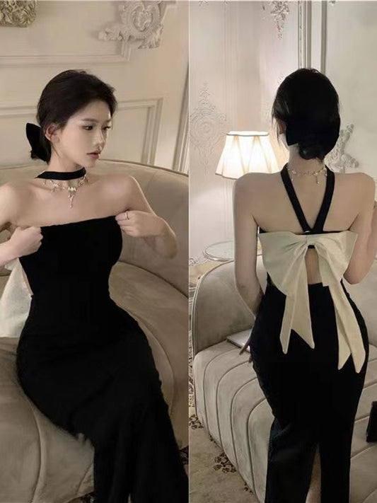Black halter dress summer pure hot girl skirt sexy bow small slim-fit sheath split skirt