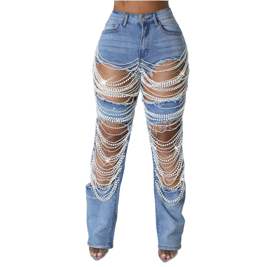 Hot Girl Summer Pants European and American Cross-border Hole Heavy Industry Beaded Beaded Elastic Jeans Pants Female JEANS