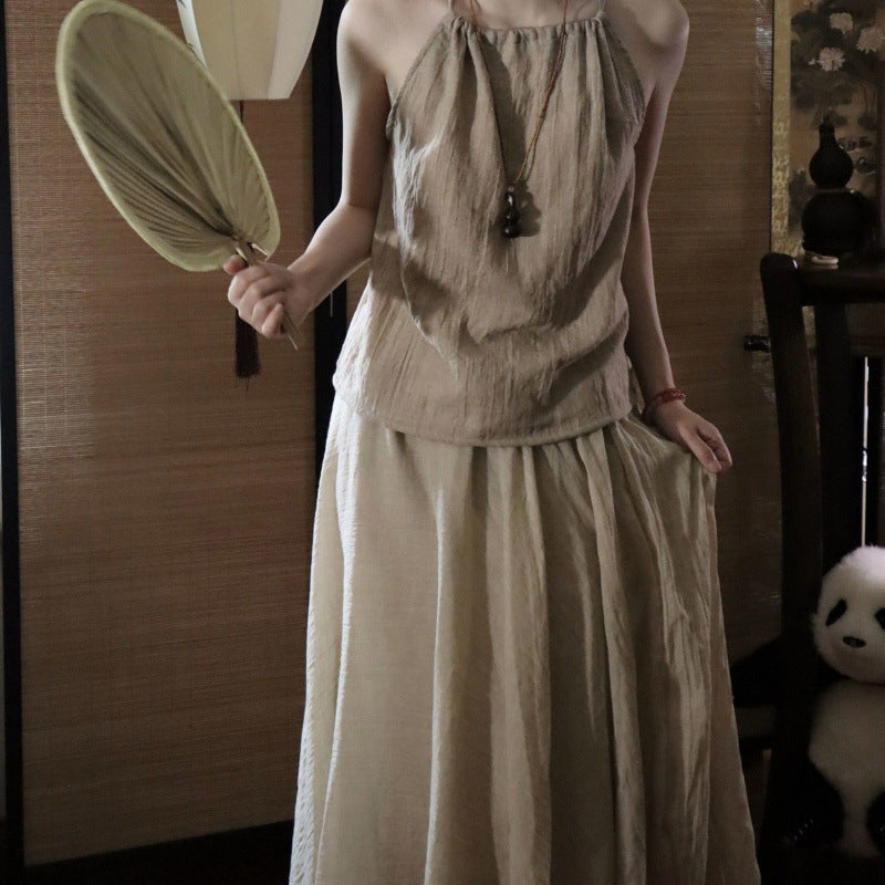 Zen Style Coat Neck Hanging Strap Elegant Skirt Cotton Linen Zen Clothing Women's Cool Tea Clothing Hanfu