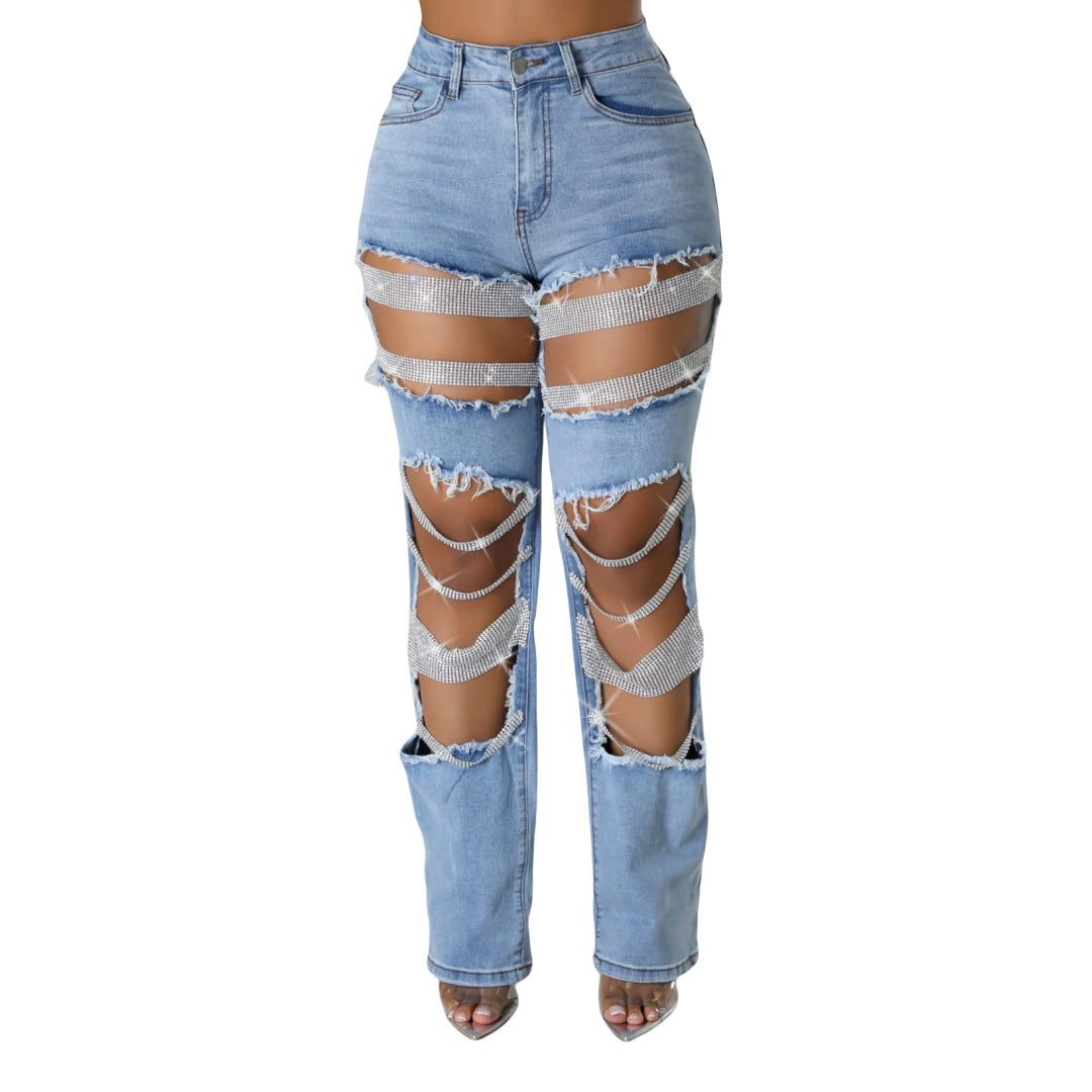 Hot Girl Summer Pants European and American Cross-border Hole Heavy Industry Beaded Beaded Elastic Jeans Pants Female JEANS