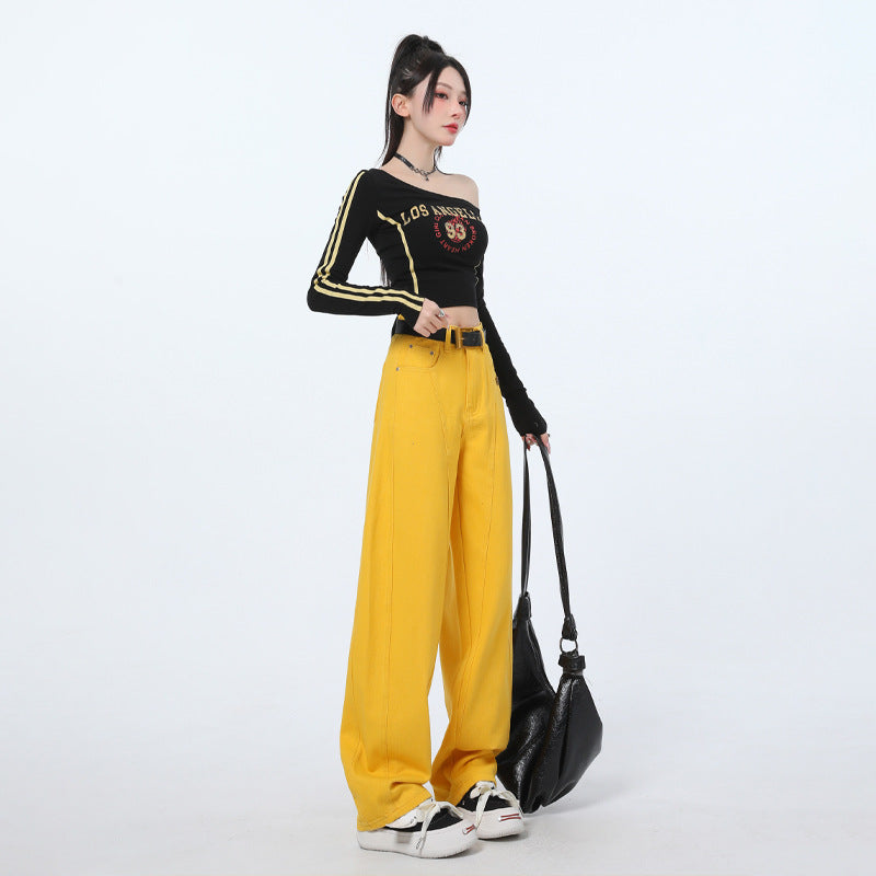 JM2025 New Fashion Jeans Women's High Waist Loose All-match Straight Wide Leg Machete Pants Yellow Nine-point Spandex