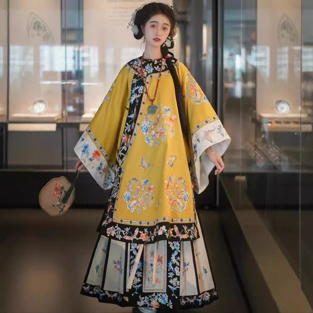 Quanzhou Xunpu Hairpin Flower Qing Han Women's Clothing Gege Han Clothing Qing Dynasty Manchu Qing Flag Yellow Printed Skirt Photo Portrait