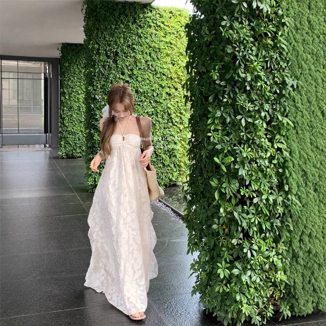 French Style Neck dress Women's Summer Seaside Vacation Backless Long Dress Super Fairy Elegant Loose A- line Skirt