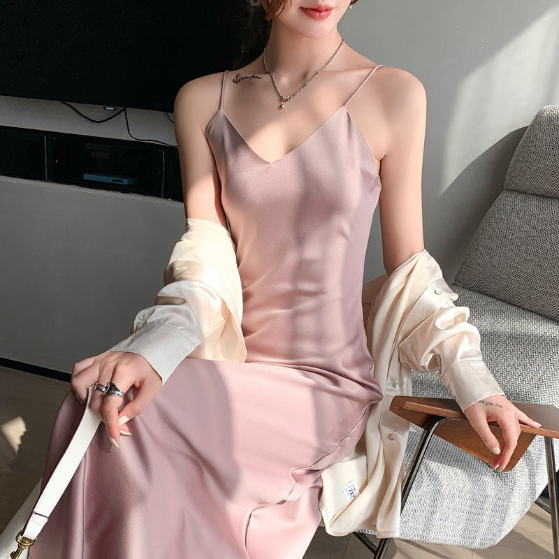 spring and summer new French acetate satin sexy sling dress Women's Mid-length inner solid color bottoming skirt