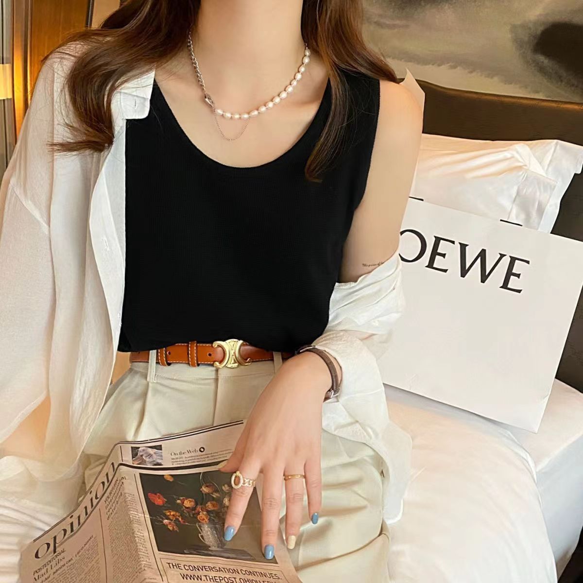 Camisole Women's Summer Waffle Loose Top Slim Sleeveless Base Shirt T-shirt