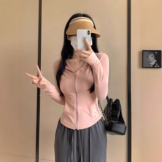 Ice Silk Sun Protection Clothing Cardigan Women's Summer Slim Yoga Wear Hooded Jacket Tight Top 2025 New Waist Span