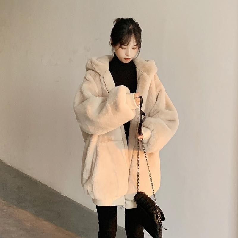 2025 Winter New Zipper Imitation Rabbit Fur Hooded Coat Loose Korean Style Plush Fur Coat Women's Mid-length