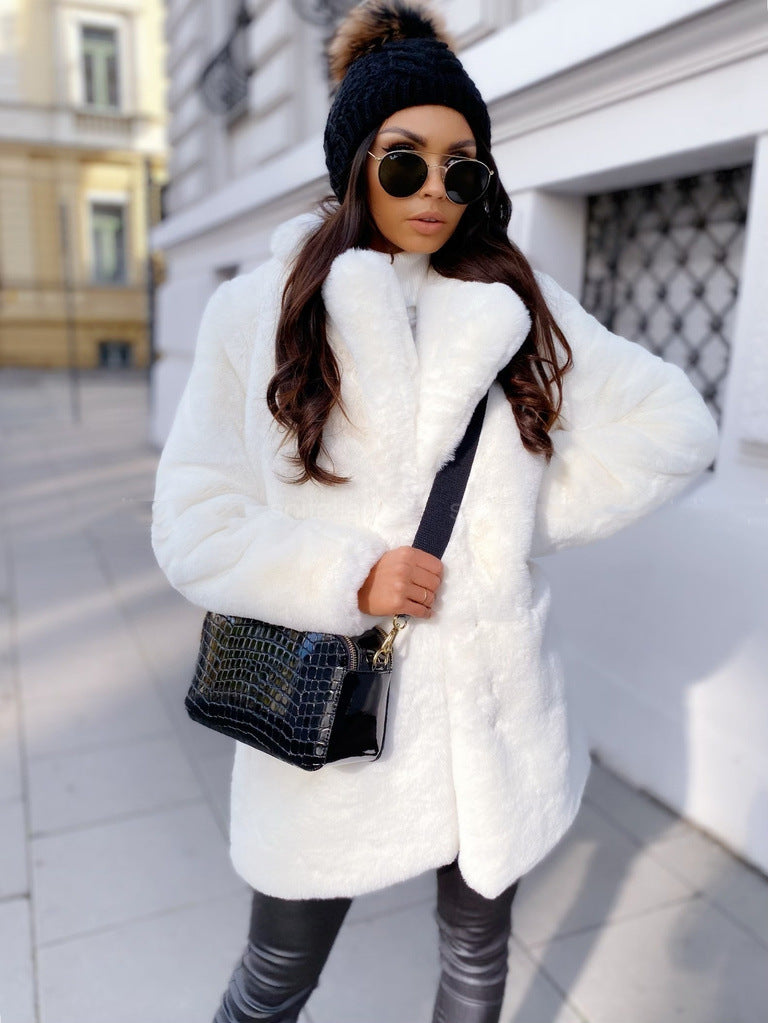 European and American Temperament Commuter Long Sleeve Lapel Faux Fur Jacket Solid Color Warm plus size Coat Women's Fur Fur Women's Clothing