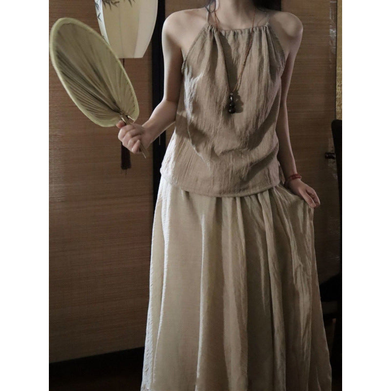 Zen Style Coat Neck Hanging Strap Elegant Skirt Cotton Linen Zen Clothing Women's Cool Tea Clothing Hanfu