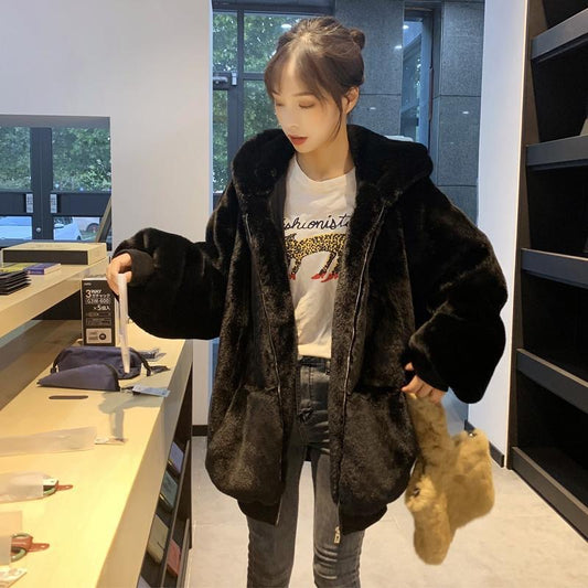 2025 Winter New Zipper Imitation Rabbit Fur Hooded Coat Loose Korean Style Plush Fur Coat Women's Mid-length