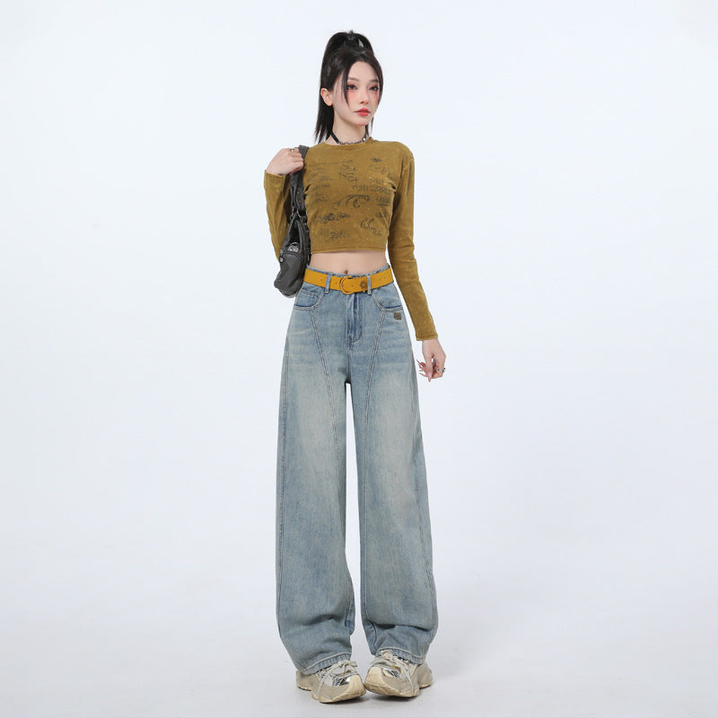JM2025 New Fashion Jeans Women's High Waist Loose All-match Straight Wide Leg Machete Pants Yellow Nine-point Spandex