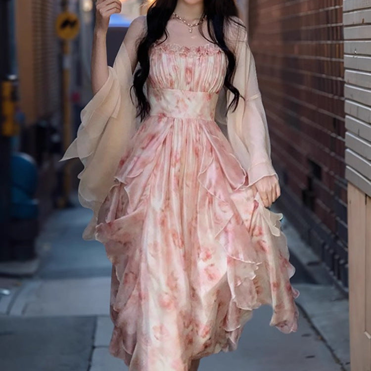 Elegant Heavy Industry Simi-Dye Printed Waisted Slimming Ruffled Slip Skirt Women's Summer Fairy Cardigan suit Two-piece Set