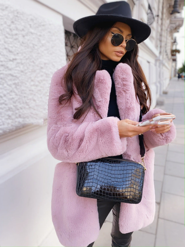 European and American Temperament Commuter Long Sleeve Lapel Faux Fur Jacket Solid Color Warm plus size Coat Women's Fur Fur Women's Clothing