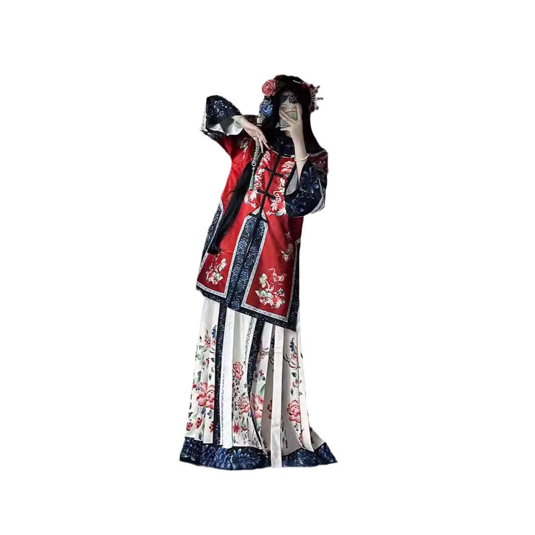 Quanzhou Xunpu Hairpin Flower Qing Han Women's Clothing Gege Han Clothing Qing Dynasty Manchu Qing Flag Yellow Printed Skirt Photo Portrait