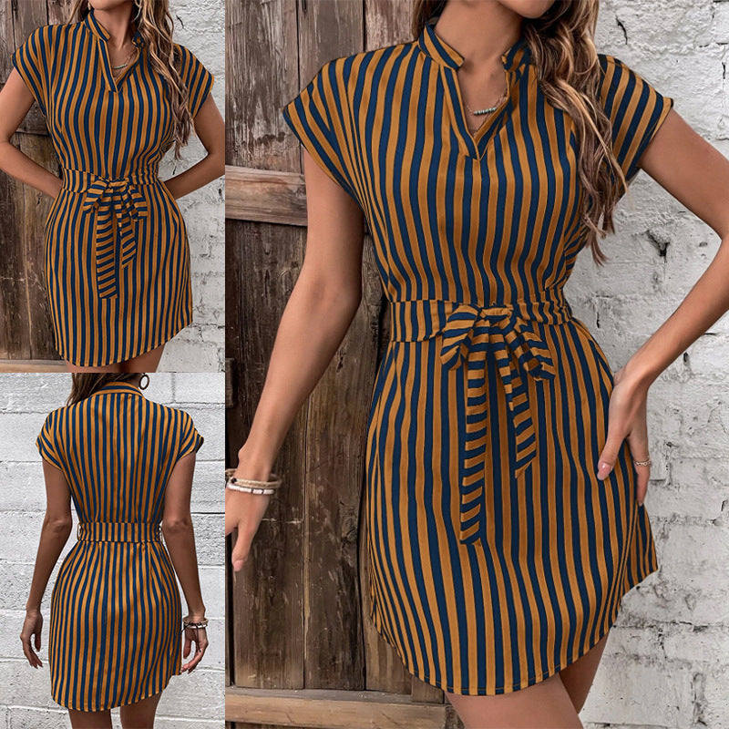 2025 Spring and Summer New Amazon Independent Station TEMU Cross-border European and American Women's Bat Sleeve Striped Lace-up dress