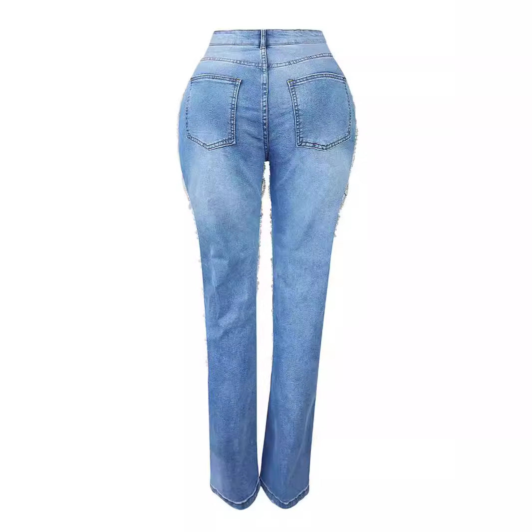 Hot Girl Summer Pants European and American Cross-border Hole Heavy Industry Beaded Beaded Elastic Jeans Pants Female JEANS