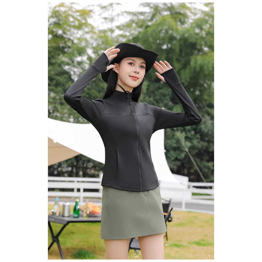 1202 stand collar nylon sunscreen clothing women's original yarn cool feeling slim-fit sunscreen clothing anti-ultraviolet long sleeve thin yoga clothing