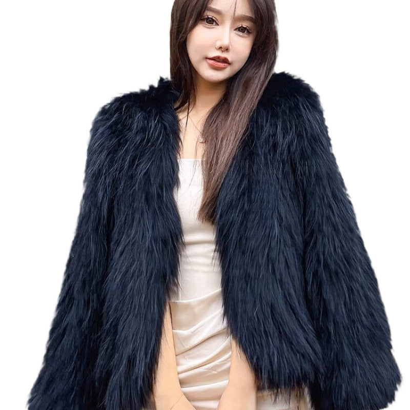 Real Hair White Raccoon Hair Double-sided Woven Encryption Thickened Autumn and Winter New Temperament Anti-season Explosions Western Style Clothes Length 50 Gas
