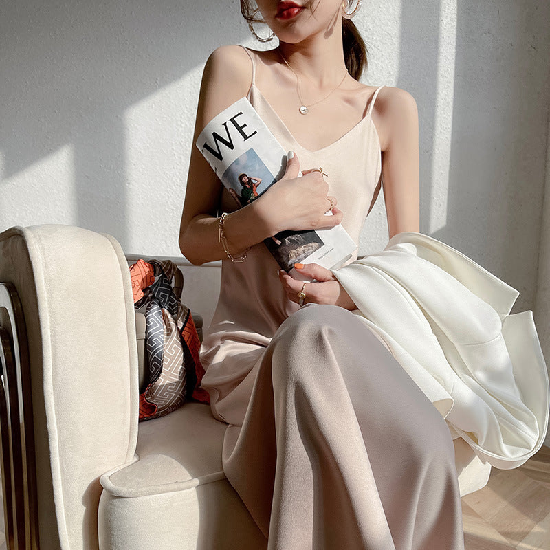 spring and summer new French acetate satin sexy sling dress Women's Mid-length inner solid color bottoming skirt