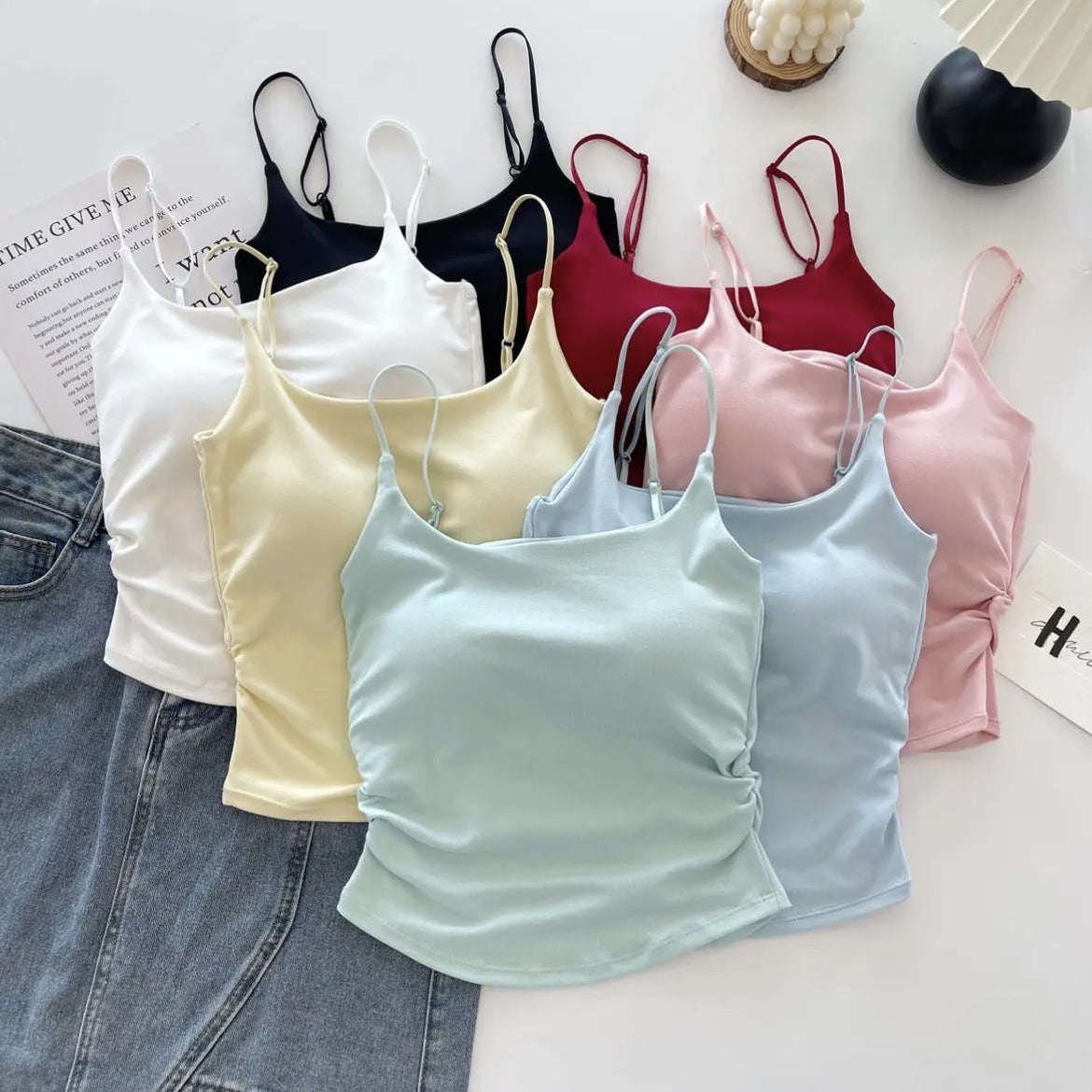 New Style Pure Sweet and Spicy Design Pleated Camisole Women's Belt Chest Pad Inner Wearing Outer Wearing Slim-fit Beautiful Back Summer Clothes