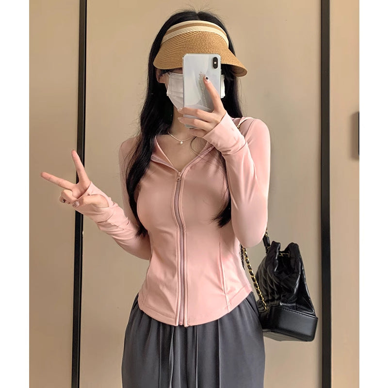 Ice Silk Sun Protection Clothing Cardigan Women's Summer Slim Yoga Wear Hooded Jacket Tight Top 2025 New Waist Span