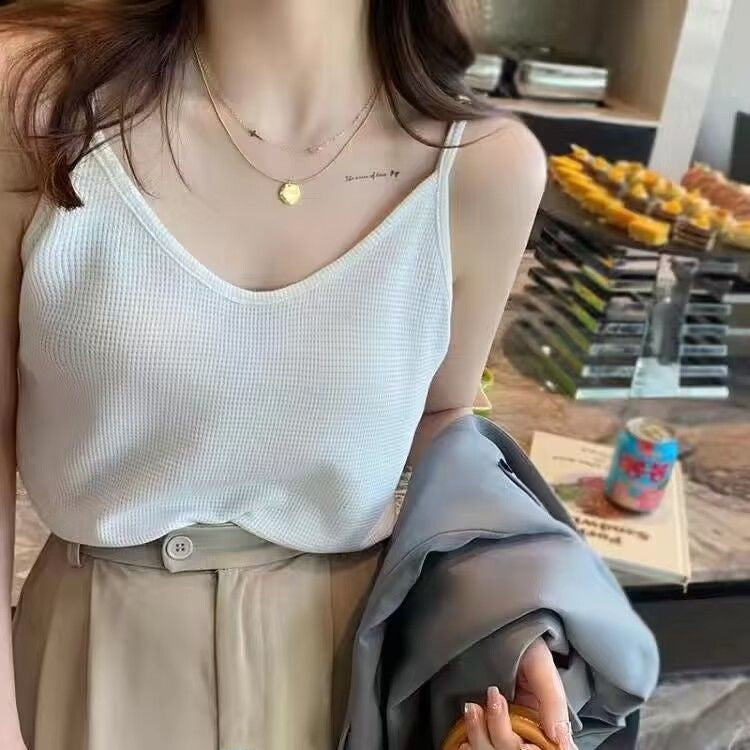 Camisole Women's Summer Waffle Loose Top Slim Sleeveless Base Shirt T-shirt