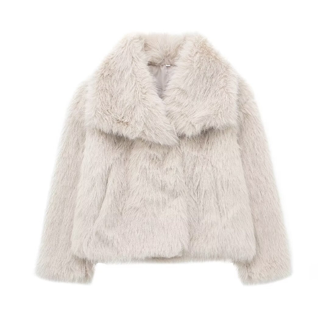 Women's spring new European and American fashion loose faux fur lapel coat