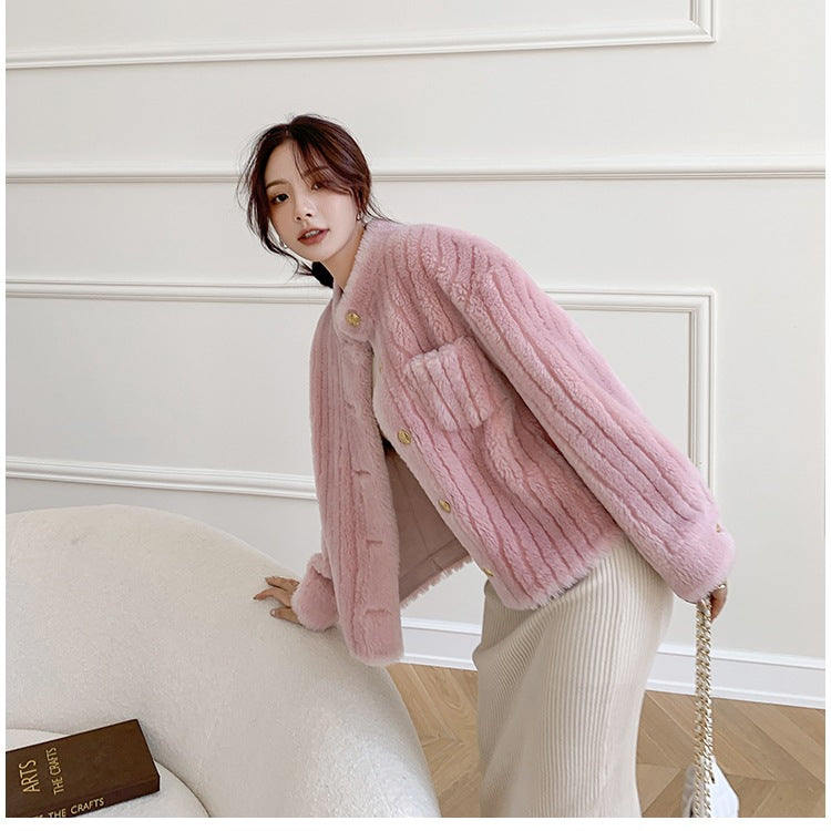 New Off-season Small Stand Collar Lamb Fur One-piece Sheep Coat Short Fur Young Women's Coat